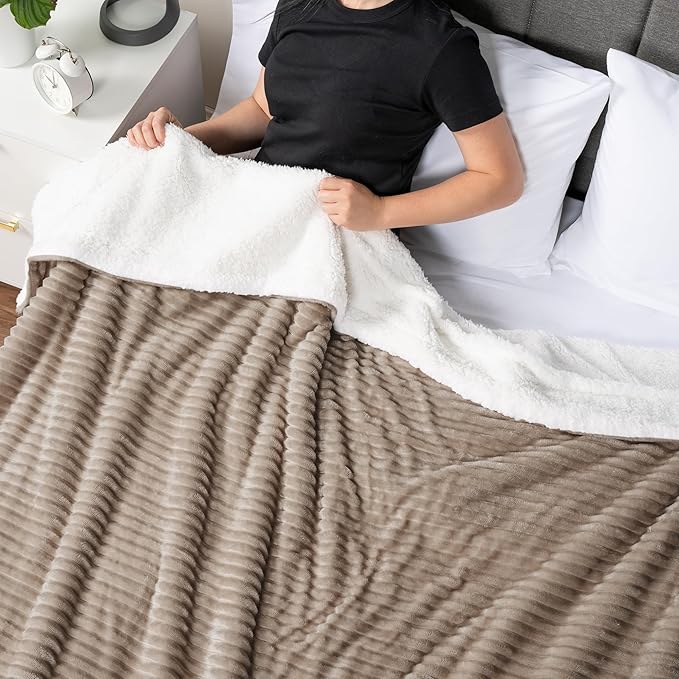 PAVILIA Tan Taupe Sherpa Fleece Throw Blanket for Couch Twin, Soft Plush Fuzzy Blankets, Fluffy Flannel Sherpa Blanket for Bed, Warm 3D Ribbed Winter Blanket Gift, 60x80 inches