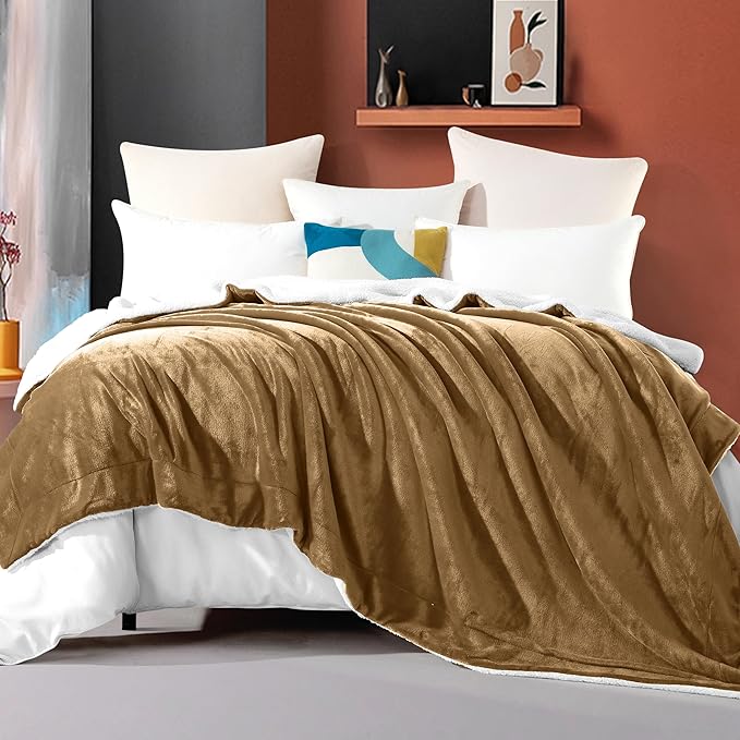 Elegant Comfort Ultra Soft Reversible Flannel Sherpa Blanket - Cozy Silky Fleece Throw for Couch, Bed - Plush Fuzzy Warm Winter Blanket for Gift, Queen, Taupe