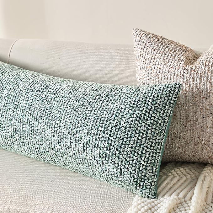 Allorry Decorative Lumbar Pillow Cover 14x36 Green Striped Wool Long Body Pillow Neutral Textured Boho Lumbar Throw Pillow Cushion Covers for Modern Farmhouse Sofa Bed Living Room Decor SY011-D14