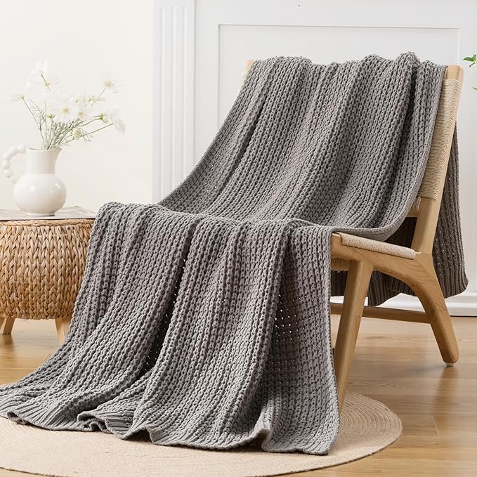 Bunnikins & Clover Light Grey Throw Blanket for Couch, Soft Knitted Chenille Throw Blanket for Sofa, Chair, Living Room, Cozy Gray Throw Blankets for Bed, 50"x60"
