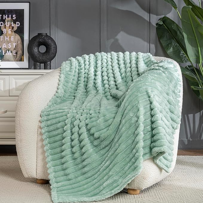 Wider Striped 380gsm Thick Large King Blanket for Couch Super Soft Cozy Blankets for Women Big Fuzzy Fleece Green Blanket for Bed Sofa 90x104