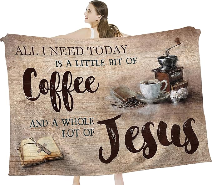 Christian Jesus and Coffee Throw Blanket - Religious Fleece Blanket for Women, Men, Kids, Adults - Soft Warm Cozy for Couch, Sofa, Bed - Coffee Gifts and Decor - 80"x60"