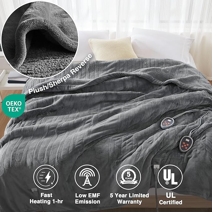 Beautyrest Heated Blanket, Electric Blanket, Soft, Warm, Reversible Plush - Sherpa Heating Blanket with 20 Heat Settings, 1–10 hrs Timer Auto Shut Off, Machine Washable, King (90 in x 100 in), Grey