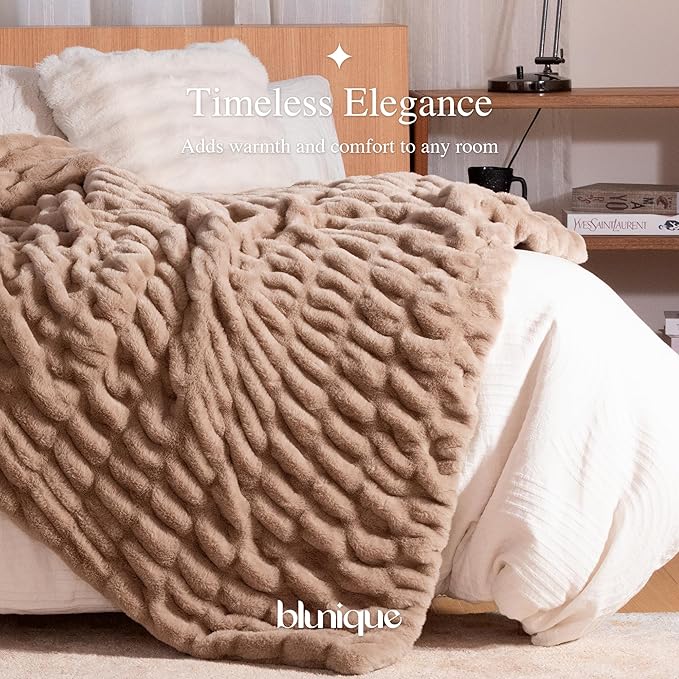 Faux Fur Blanket, Throw Blanket for Couch, Fluffy Blanket with Stretch Ruched Design, Ultra Soft Giftable Home Decor, 50x60 inches, Light Brown