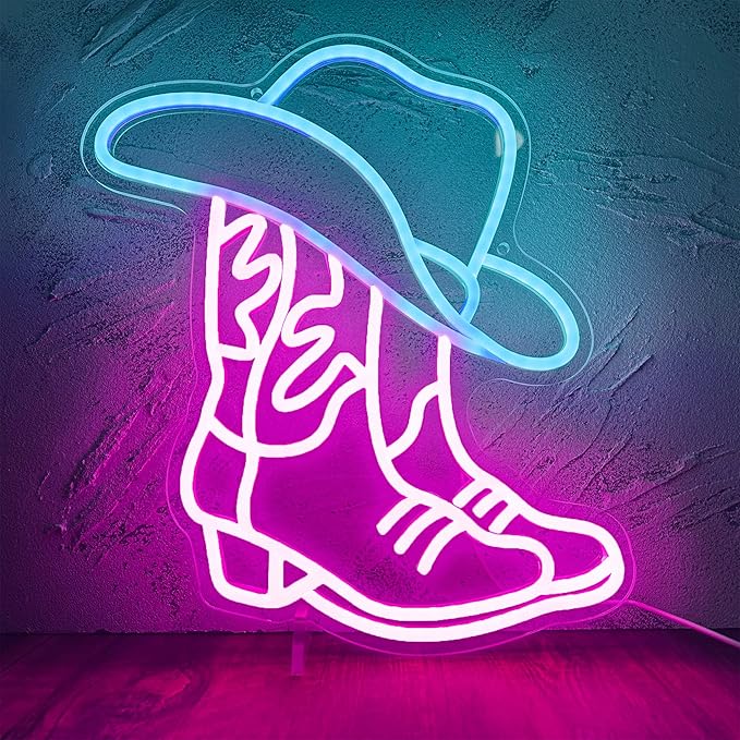 Cowboy Boot and Hat LED Neon Sign,Western Country Wall Decor for Bar, Man Cave, Garage,Pink White Aesthetic Rodeo Neon Light, Unique Christmas Birthday Gifts(13x15 in)