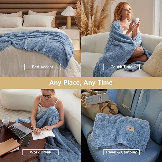 Bedsure Waffle Fleece Blanket for Couch - Ashley Blue GentleSoft Fluffy Checkered Twin Blanket for Sofa Bed Room Decor, Warm Cozy Cute Women Gift, 60x80 Inches