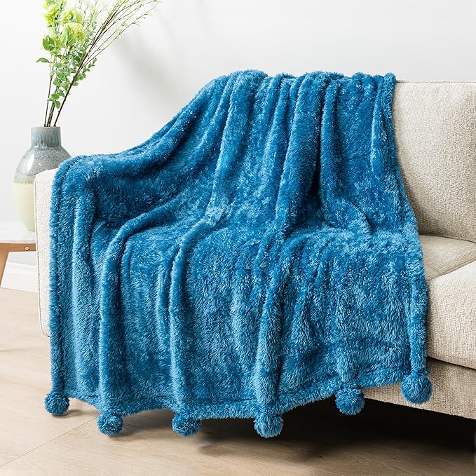 PAVILIA Teal Sherpa Throw Blanket for Couch, Warm Plush Pom Pom Blanket Twin, Fuzzy Sofa Throw for Bed, Lightweight Soft Cozy Fluffy Blanket With Pom Poms, Turquoise, 60x80