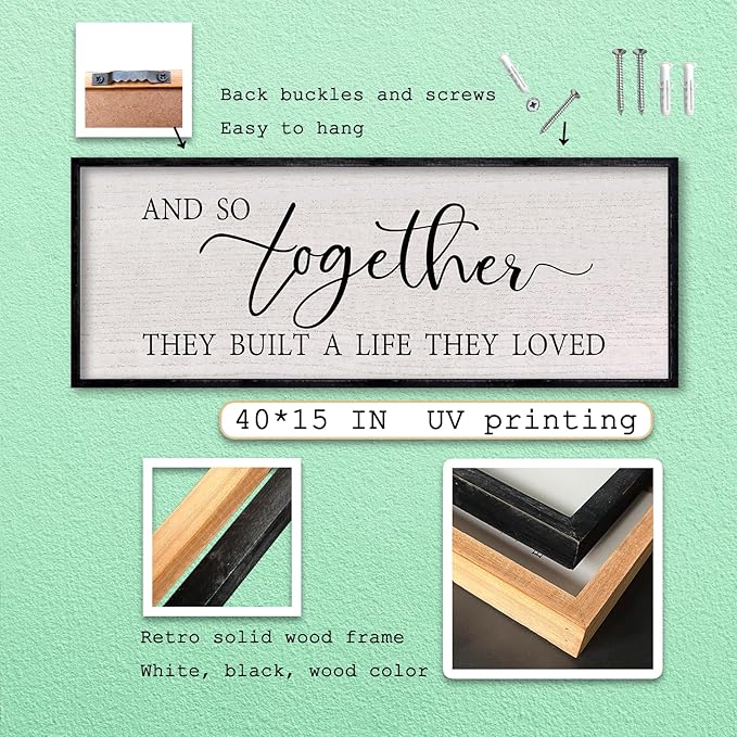 LuZhiQiang And So Together They Built A Life They Loved Farmhouse Wall Decor 40"x15" Rustic Master Bedroom Romantic Sign Large Wood Framed for Above Over Bed Couples Hanging Wall Art (Black)