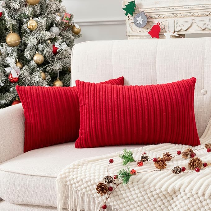 UGS UGASA Valentines Super Soft Plush Corduroy Pillow Covers Velvet Rectangular Striped Decor Cushion Cases for Livingroom/Couch, 1 Piece, 12"x20"(30x50cm), Burgundy