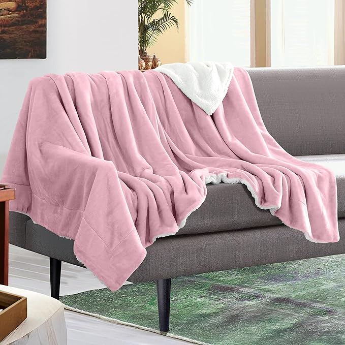 Mocassi Premium Ultra-Soft Velvet Touch Flannel Fleece Sherpa Throw - Warm Cozy Reversible Plush Micromink Throw Blanket for Couch, Bed and Sofa - Fluffy, Christmas Winter Bedding Gift, Light Pink