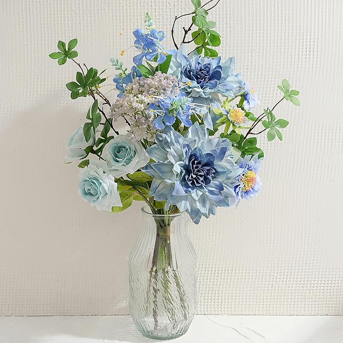 Artificial Flowers in Vase Centerpiece – Blue Dahlia & Rose Arrangement, Coastal Style Faux Floral Table Decorations for Coffee Table, Dining Room, Living Room, Bathroom & Beach House Home Decor
