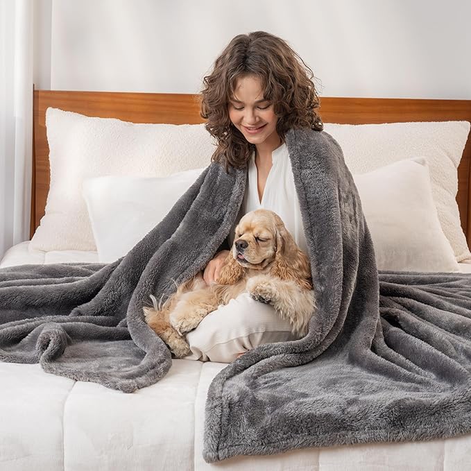 Berkshire Blanket Classic Extra-Fluffy™ Plush Throw Blanket, Soft Fuzzy Fluffy Long Hair Throw Blanket for Couch Sofa Bed, Shadow Grey, 50x60 Inches