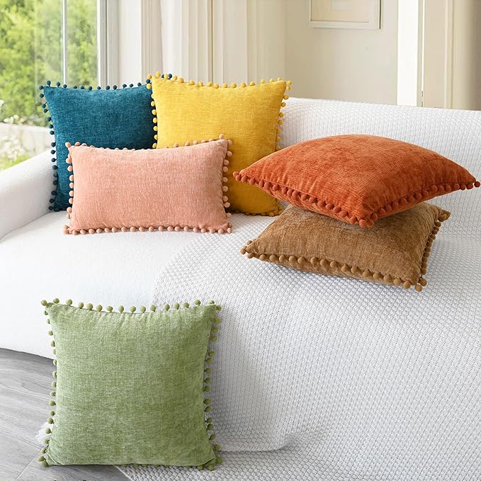 CaliTime Throw Pillow Covers Decorative 16 X 16 Inches Pack of 2 Cozy Solid Dyed Soft Chenille Cushion Cases with Pom Poms for Couch Sofa Bed Living Room Home Apricot Brown