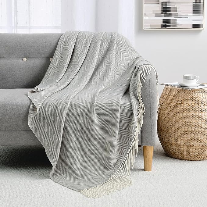 BOURINA Herringbone Throw Blanket,Soft Lightweight Cozy Throw for Bed Couch Decorative Blanket, Light Grey 50" x 60"
