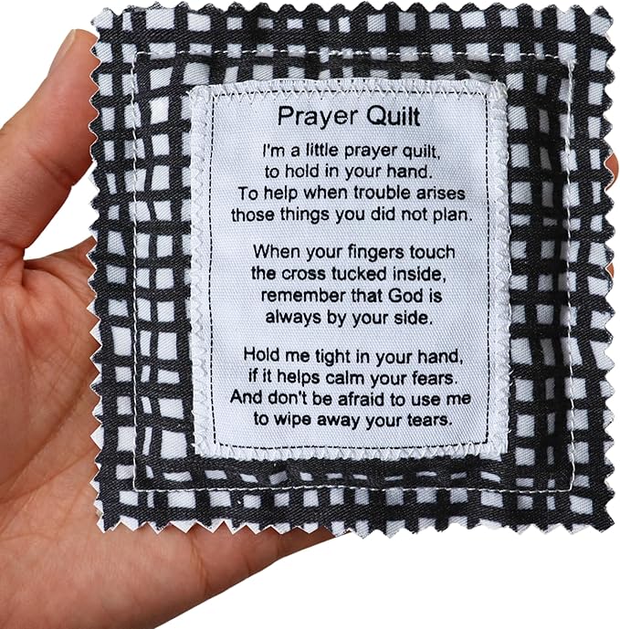 Mini Prayer Quilt with Cross Inside Vintage Pocket Scripture Prayer Quilt Squares Sympathy Christian Gifts for Women Pastor Appreciation Father's Day Graduates Gifts (Black)