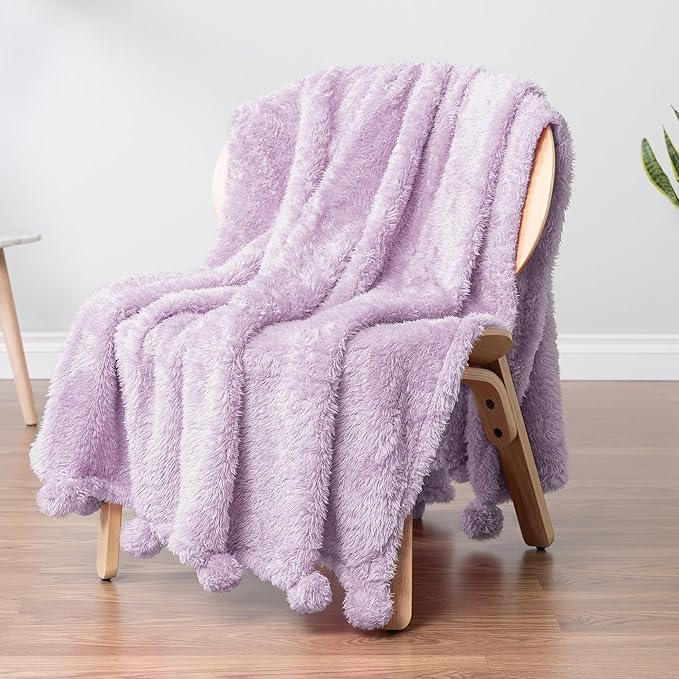 PAVILIA Lavender Sherpa Throw Blanket for Couch, Warm Plush Pom Pom Blanket Throw Twin, Fuzzy Sofa Blanket Throw for Bed, Lightweight Soft Cozy Fluffy Blanket with Pom Poms, Light Purple, 60x80