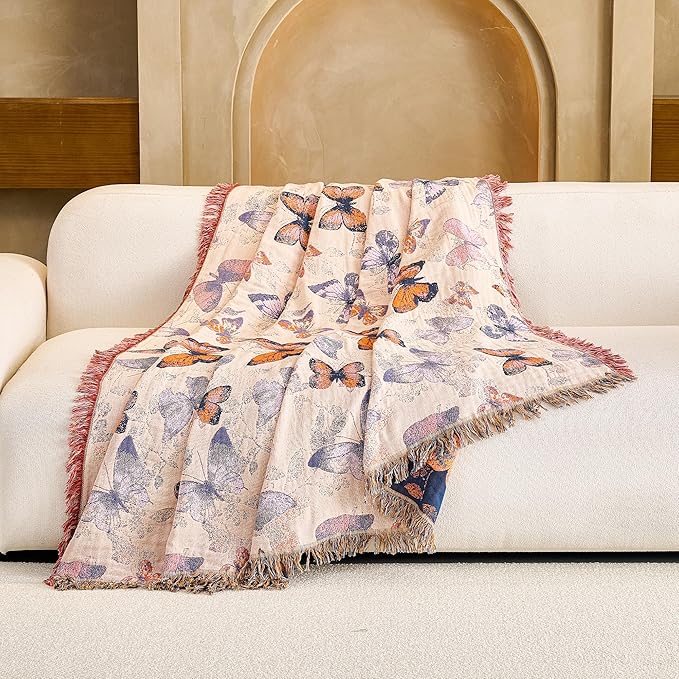 Boho Throw Blanket, 100% Organic Cotton Breathable Ultra Soft 60" x 80" Bed Quilt Throw - All Season Floral Rustic Farmhouse Decor Luxury Reversible Blanket for Sofa Couch Chair and Gift