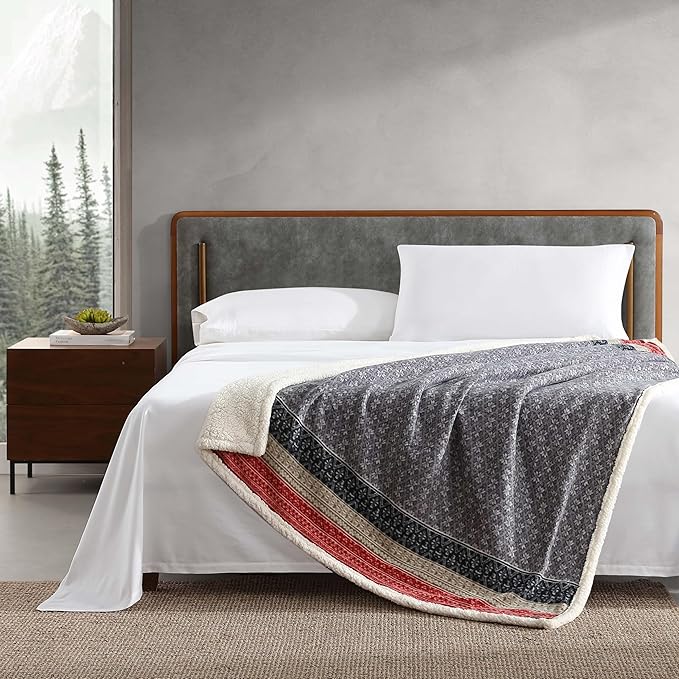 Eddie Bauer - Throw Blanket, Brushed Fleece & Plush Sherpa Bedding, Throw Blanket for Couch & Bed (Fair Isle Dark Steel, 50" x 70")