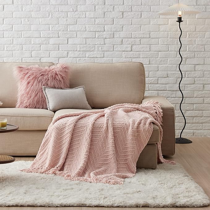 Bedsure Throw Blankets for Couch - Textured Knit Woven Chenille Blanket - Super Soft, Warm Decorative Boho Throw with Tassels for Bed, Sofa and Living Room, Pink, 50x60 Inches