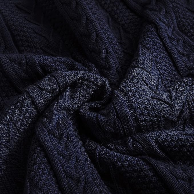 Longhui bedding Acrylic Cable Knit Sherpa Throw Blanket - Thick, Soft, Big, Cozy Navy Knitted Fleece Blankets for Couch, Sofa, Bed - Large 50 x 63 Inches Navy Blue Coverlet All Season