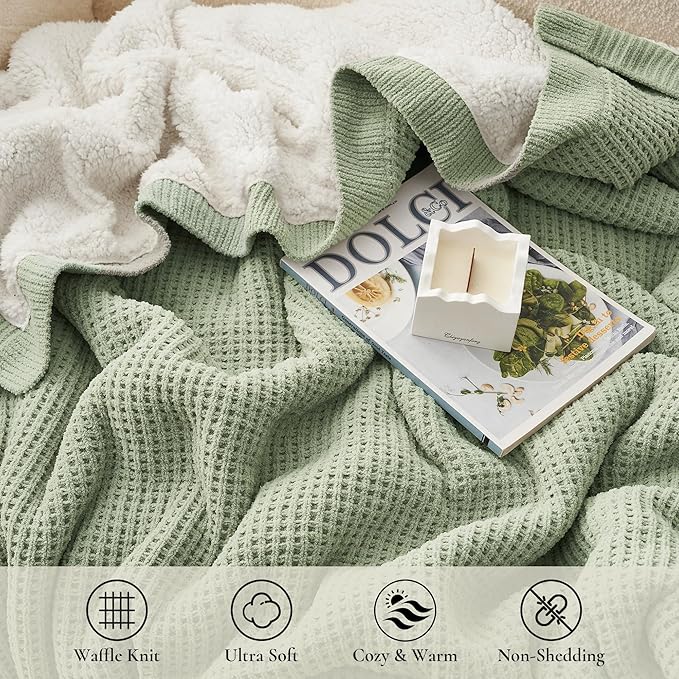 Amélie Home Reversible Waffle Weave Throw Blanket, Chenille Knit with Warm Sherpa, Soft Cozy Blanket for Bed, 60"x80", Sage Green