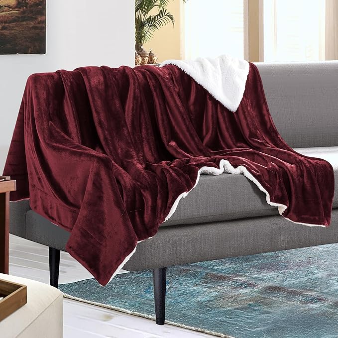 Mocassi Premium Ultra-Soft Velvet Touch Flannel Fleece Sherpa Throw - Warm Cozy Reversible Plush Micromink Throw Blanket for Couch, Bed and Sofa - Fluffy, Christmas Winter Bedding Gift, Burgundy