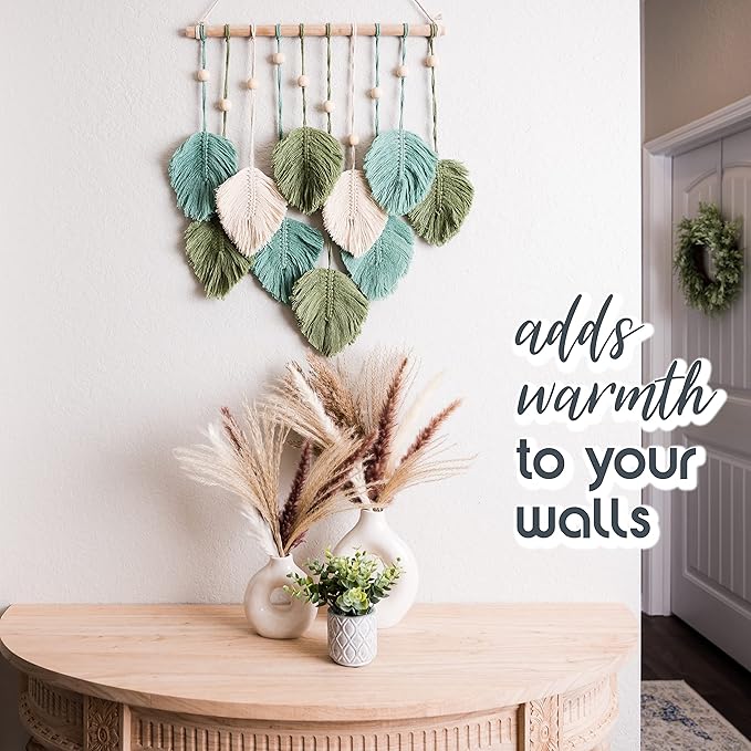 SnugLife Macrame Wall Hanging Leaves - Large Chic Feather Boho Decor, Handmade Yarn Woven Art Leaf Tapestry for Nursery, Bedroom, Living Room, 17 X 22 Inch (Green, Sage Green & Beige)