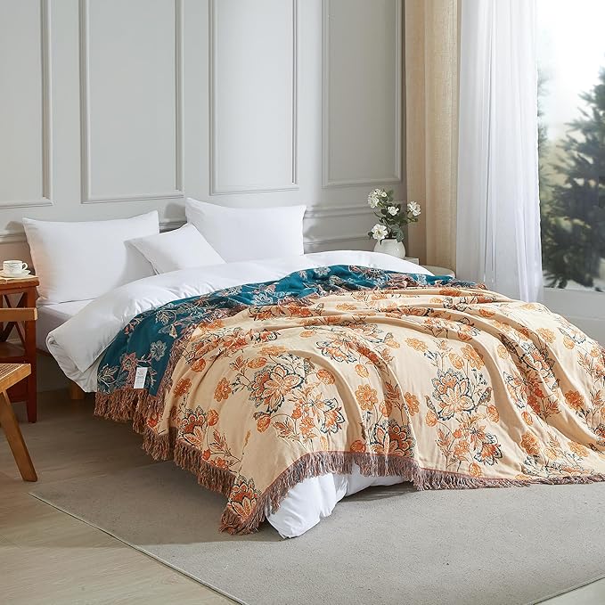 Boho Throw Blanket for Bed 90”x98”, 100% Cotton Woven Blanket for Couch Sofa, Ultra Soft 4-Layer Muslin Quilt with Floral Printed, Farmhouse Bed Blanket/Cover for Living Room Decor
