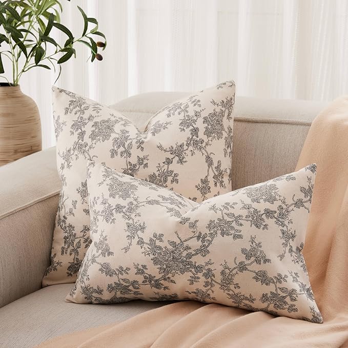 100% Cotton French Pastoral Throw Pillow Covers Set of 2, 20x20 Inch Black Farmhouse Decorative Cushion Covers for Sofa Bed Living Room Home Decor