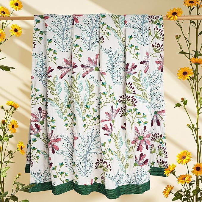 Boho Throw Blanket, 100% Organic Cotton Breathable Ultra Soft 80" x 90" Bed Quilt Throw - All Season Floral Rustic Farmhouse Decor Luxury Reversible Blanket for Sofa Couch Chair and Gift