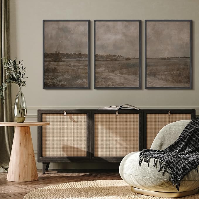 MUDECOR Framed Wall Art Print Set Vintage Neutral Countryside Landscape Rustic Field Path and Distant Trees Illustrations Modern Art Boho Decorative for Living Room, Bedroom, Office - 16"x24"x3 BLACK