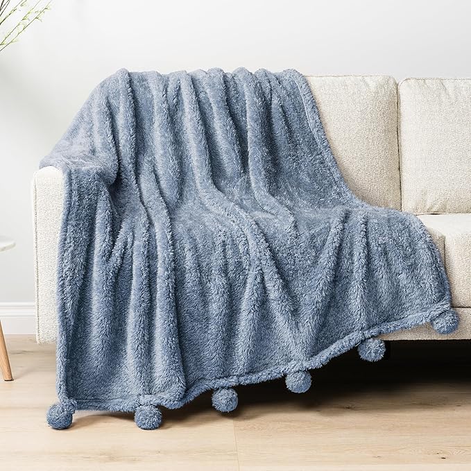 Pavilia Blue Sherpa Throw Blanket for Couch, Warm Plush Fuzzy Blanket Throw with Pom Poms, Dusty Blue, 60x80