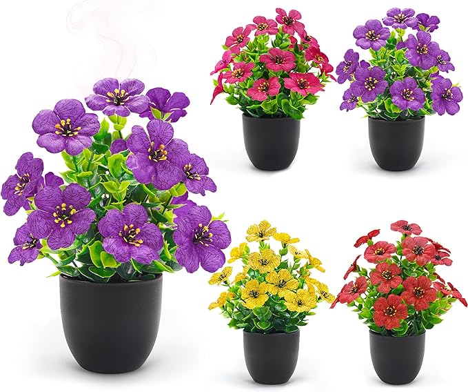 Der Rose 4 Pack Small Fake Plants Spring Artificial Flowers with Fragrance Faux Plants Indoor Black Bathroom Accessories for Home Room Office Desk Decor