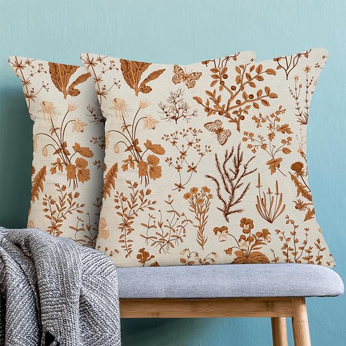 AEIOAE Fall Pillow Covers 16x16 Inch Set of 2,Burnt Orange Wild Flower Plant Throw Pillows Case,Seasonal Floral Outdoor Decorative Square Linen Farmhouse Decor Cushion Covers for Home Sofa Bed Couch