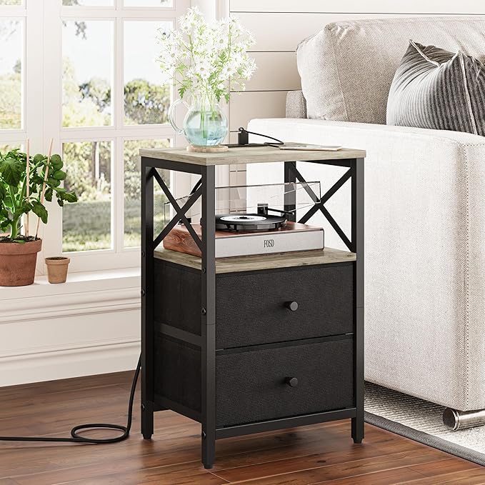 Nightstand Set of 2,Nightstands with Charging Station, Small Bedside Table with Storage, End Table with USB Ports & Outlets,with Fabric Drawers,for Couch, Bedroom(Natural Greige) LET105QK-2
