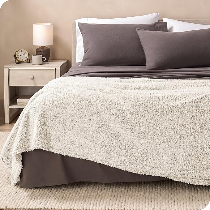 Bare Home Faux Shearling Blanket - Full/Queen Size - Blanket for Bed, Sofa, Couch, Camping, Travel, and Gifts - Warm & Lightweight - Fluffy & Soft (Full/Queen, Tipped Oyster)