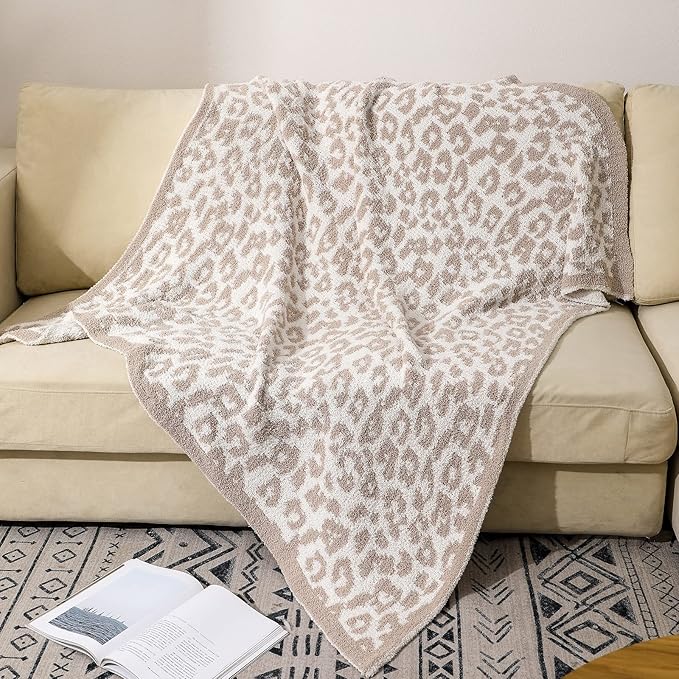bearberry Fuzzy Leopard Knitted Throw Blanket Soft Cozy Warm Microfiber Blanket for Couch Sofa Bed Travel (Stone/Cream, 51"x70")
