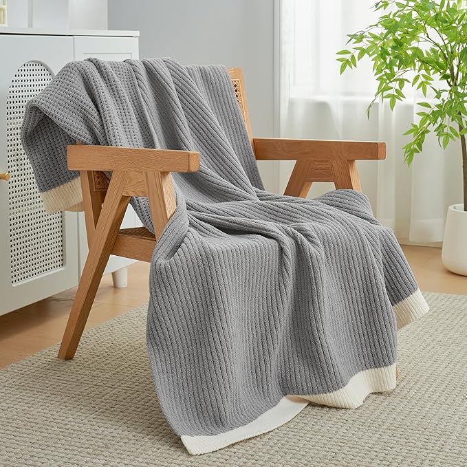 Amélie Home Waffle Throw Blanket for Couch Twin, Soft Cozy Chenille Knit Blanket Warm Decorative Throw for Sofa, Bed, Living Room, 60"x80", Grey