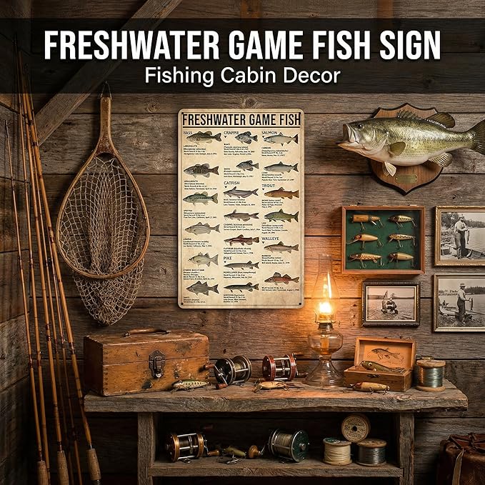 Boy's Fishing Gifts Vintage Fresh Water Gamefish Knowledge Tin Sign for Man Cave Boys Hunting Room Bedroom Lake House Cabin Wall Art Decor 8x12 Inch (3069)