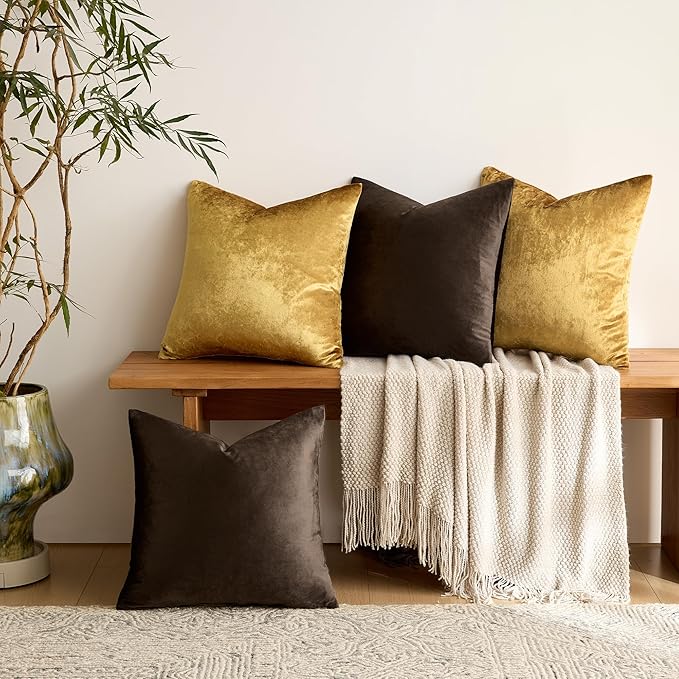 GIGIZAZA Brown Gold Pillow Covers 18x18,Velvet Soft Throw Pillow Covers Set of 4 Square Decorative Modern Pillows Covers for Living Room