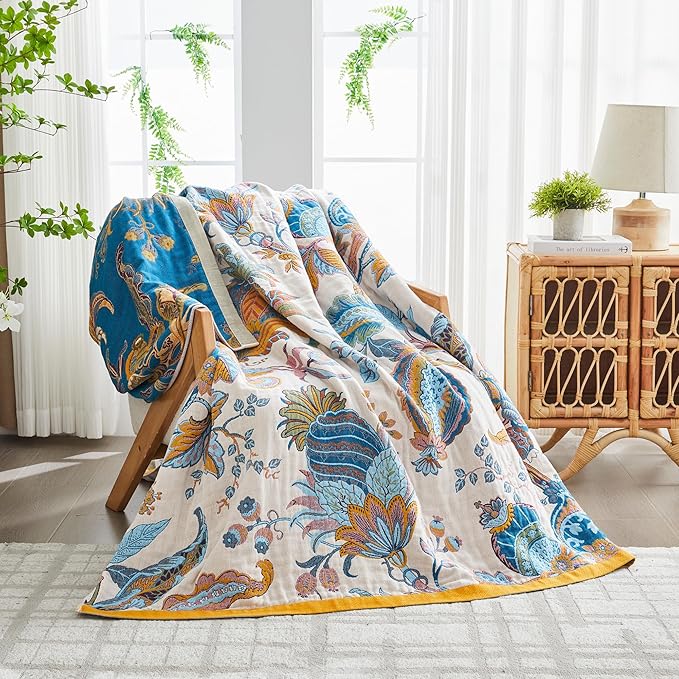 100% Cotton Throw Blanket,80"x90" Large Lightweight Breathable Muslin Blankets for Adults,Cozy Warm Boho Quilted Throw for Bed,Couch,Chair,Woven Cotton Blankets Queen Size for Living Room