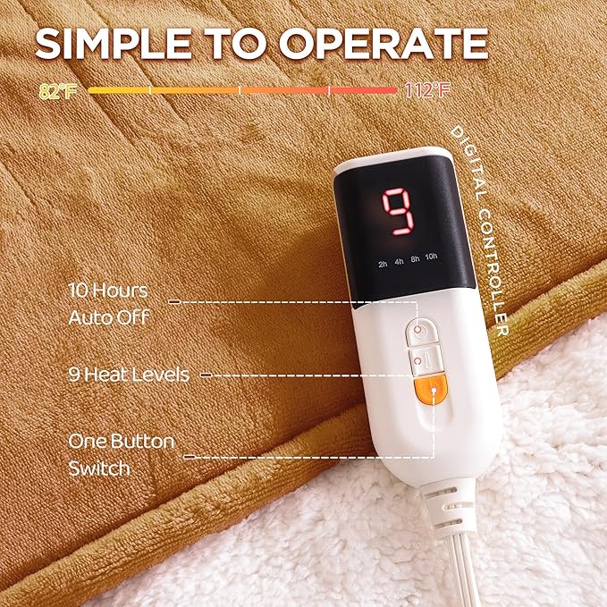 Heated Blanket Twin Size - Single Controllers Electric Blanket Twin with 9 Heat Settings & 10 Hour Auto Off,Overheat Protection,Machine Washable 62"x84" (Cocoa Brown)