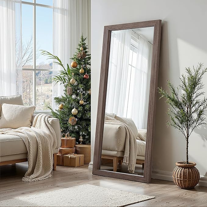 Full Length Wooden Mirror for Wall or Floor, 56"x20" Rustic Farmhouse Solid Wood Frame with Stand, Large Rectangular Wall-Mounted or Leaning Mirror for Bedroom, Living Room, Entryway