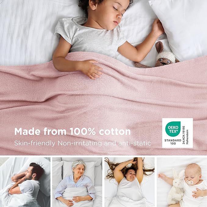 Bedsure GentleSoft 100% Cotton Blanket Queen Size for Bed - Breathable and Lightweight, Soft Cozy Textured Herringbone Woven Blanket for Summer Spring, Pink, 90x90 inches