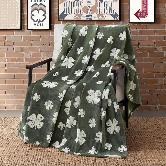 Lucky Brand 50" x 70" Plush Throw Blanket, Clover Green Blanket for Sofa or Bed