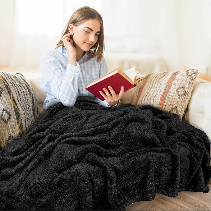 PAVILIA Sherpa Throw Blanket for Couch Sofa, Black Fluffy Warm Plush Blanket for Bed, Cozy Super Soft Lightweight Throw, Fuzzy Decorative Blanket, All Season Home, 50x60