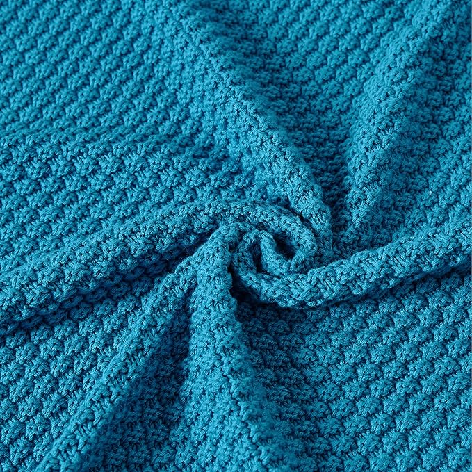 Longhui bedding Teal Knitted Throw Blanket for Couch, Soft, Cozy Machine Washable 100% Cotton Sofa Knit Blankets, Heavy 3.0lb Weight, 51 x 63 Inches, Teal Color.