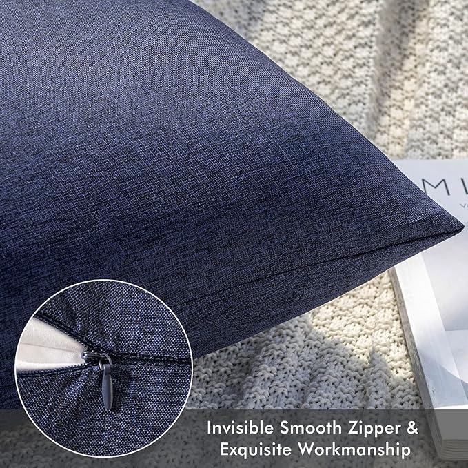 MIULEE Pack of 2 Decorative Outdoor Solid Waterproof Throw Pillow Covers Faux Linen Garden Farmhouse Cushion Cases for Summer Patio Tent Balcony Couch Sofa 20x12 Inch Navy