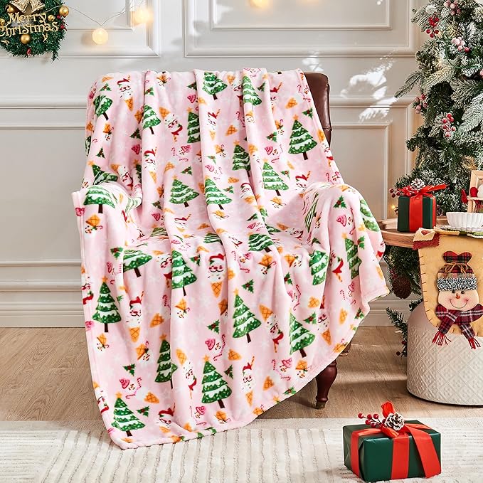 Christmas Blanket Soft Cozy Pink Christmas Throw Blankets with Holiday Themed Print for Couch Bed Home Decor, Fuzzy Warm Winter 50"x60" (Pink)