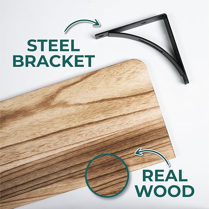 Reinforced Steel Bracket Room Shelves for Bedroom Wall - Easy to Install, Template and Video Included - Wall Mounted Rustic Wood Shelves for Bathroom, Home Decor
